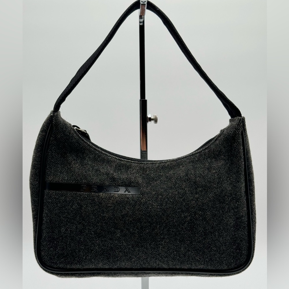 Prada - Authentic - Grey Wool & Black Leather Handbag